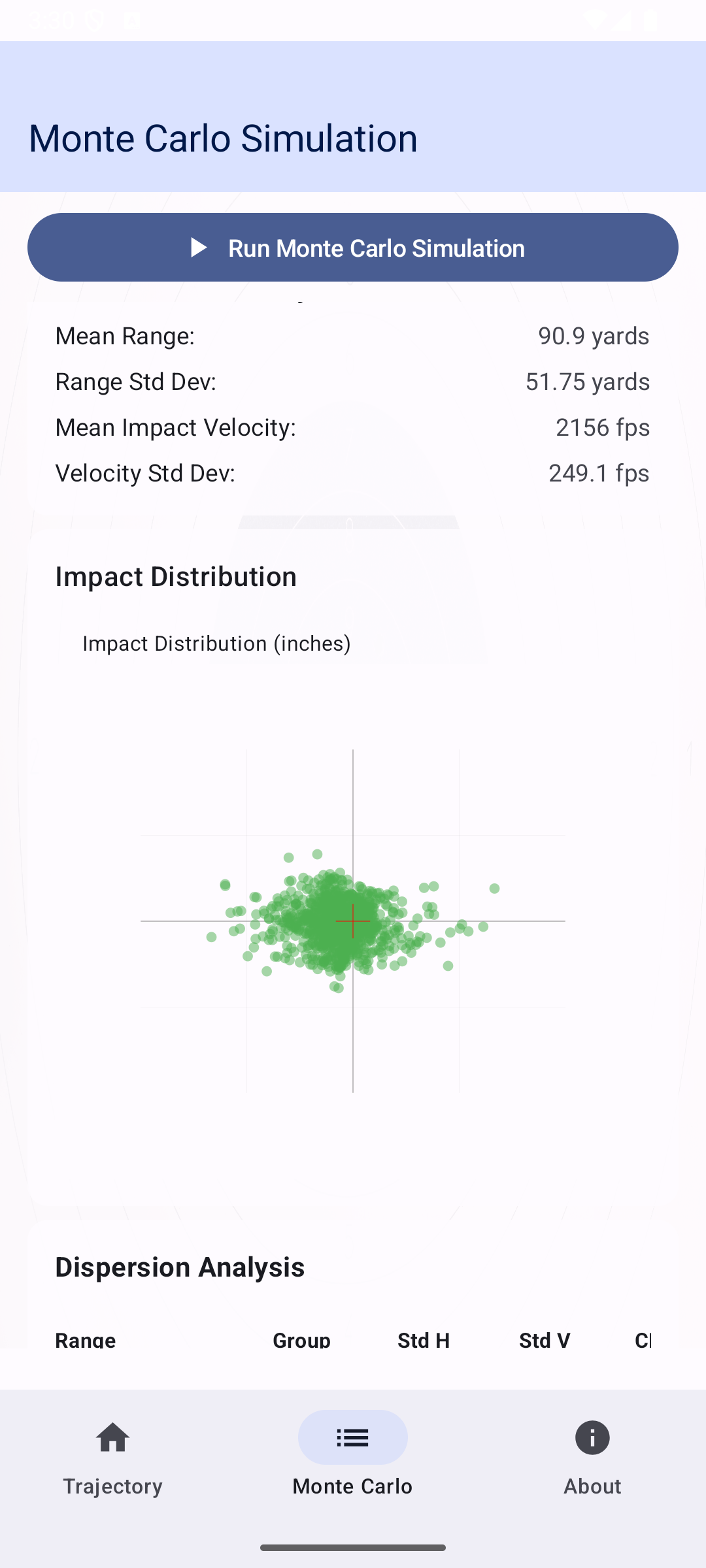 Ballistics Engine Android interface showing trajectory calculations