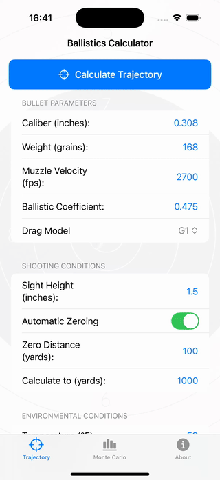 iOS Ballistics Calculator Main Screen