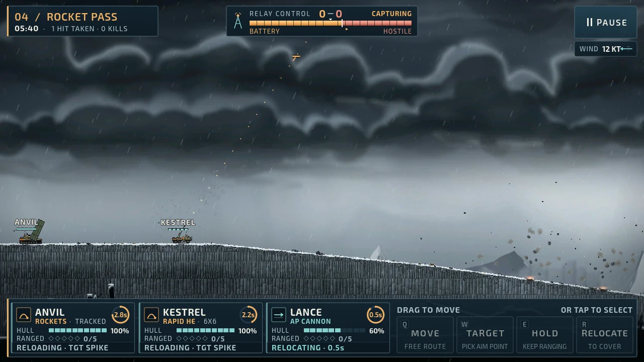Salvo Ridge gameplay in Rocket Pass: two vehicles on a ridge in the rain as incoming rounds land, with the relay score and vehicle controls in the HUD