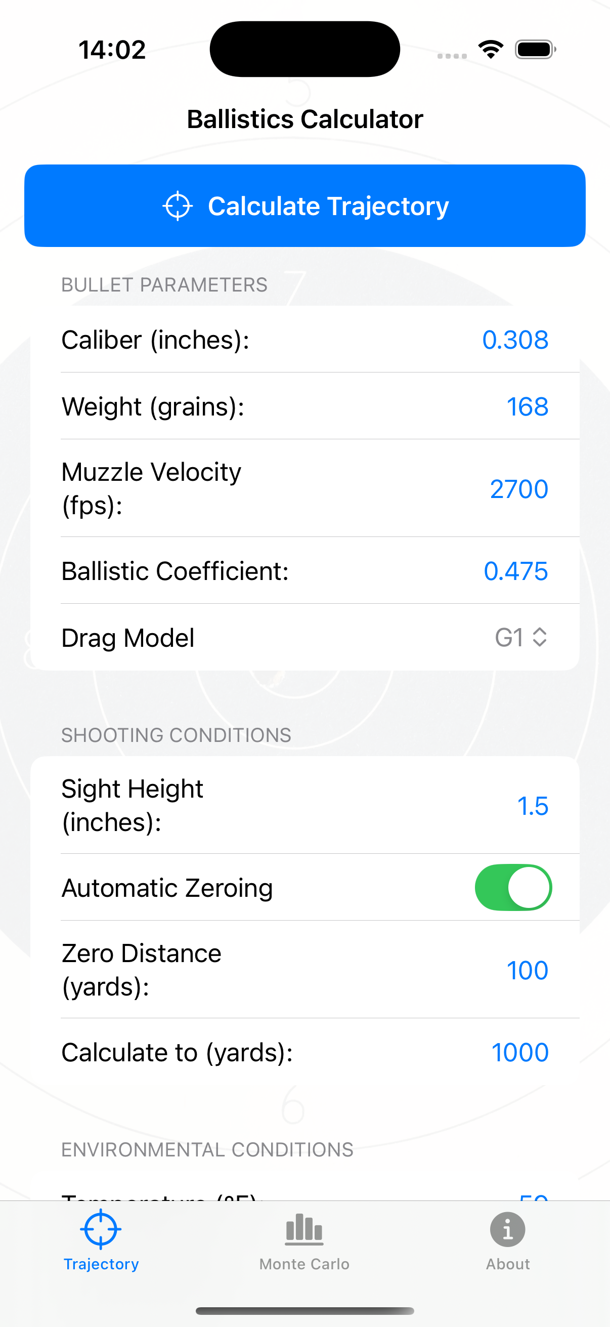 Ballistics Engine iOS interface showing trajectory calculations